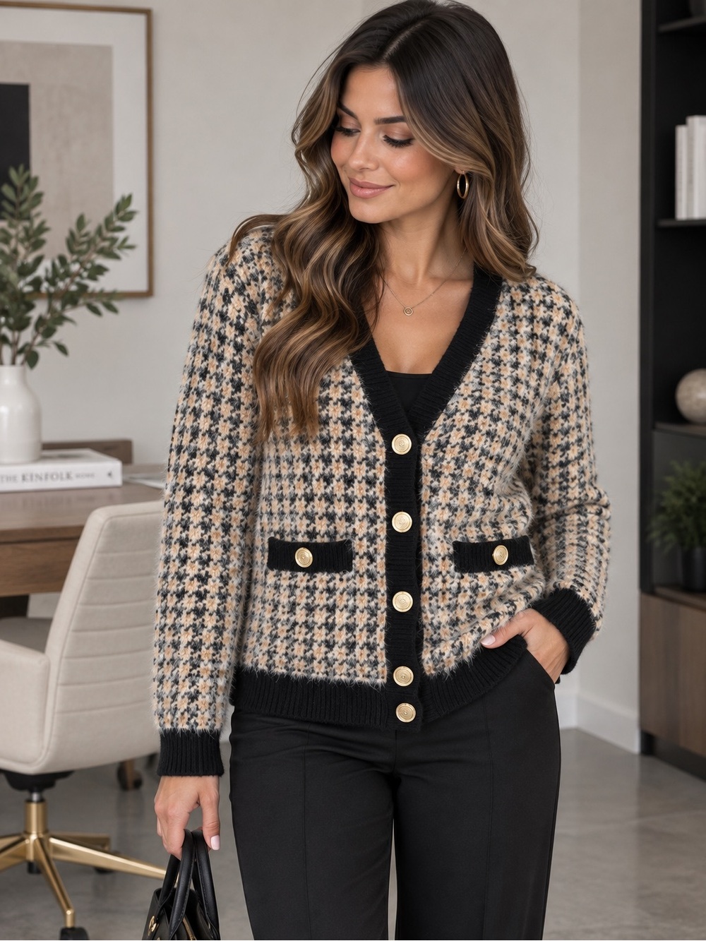 Tahari Black and Cream Houndstooth V-Neck Cardigan with Gold Buttons